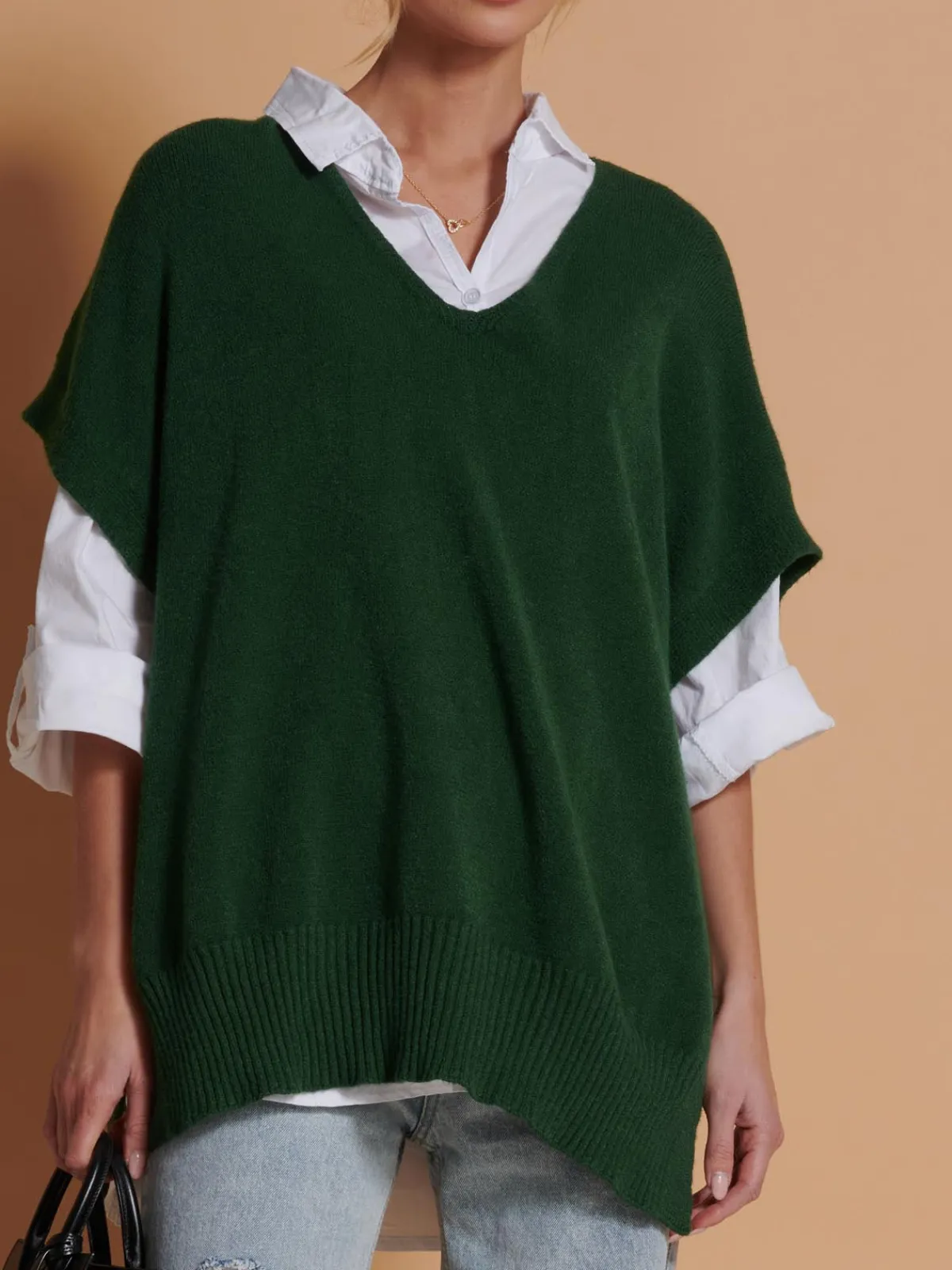 Jolie Moi Knitted Jumpers-Made in Italy Button Side Knitted Tabard, Forest Green