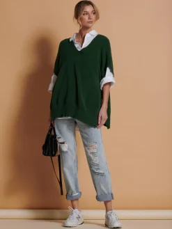 Jolie Moi Knitted Jumpers-Made in Italy Button Side Knitted Tabard, Forest Green