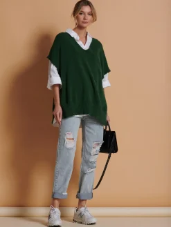 Jolie Moi Knitted Jumpers-Made in Italy Button Side Knitted Tabard, Forest Green