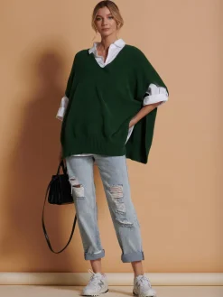 Jolie Moi Knitted Jumpers-Made in Italy Button Side Knitted Tabard, Forest Green