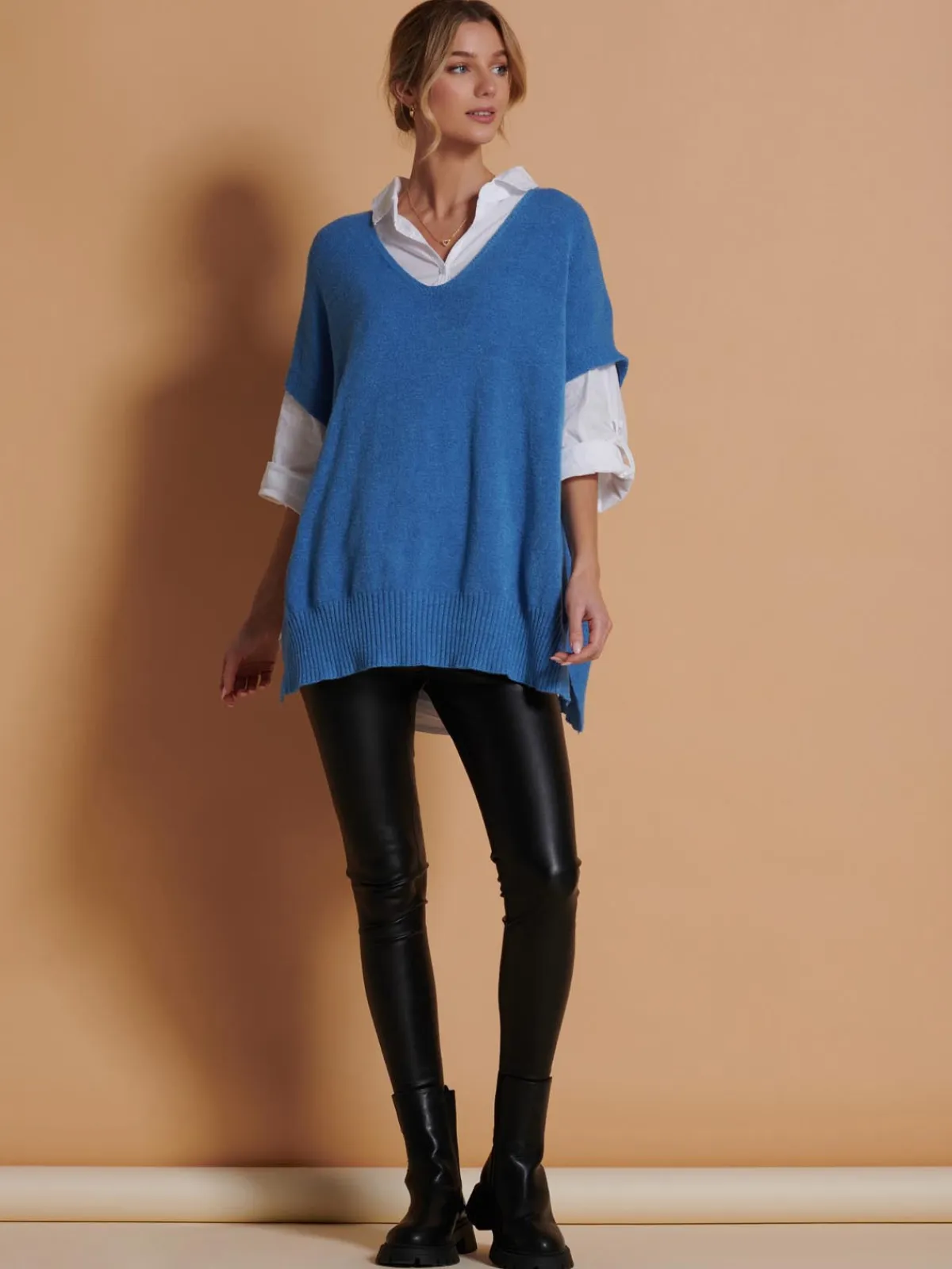 Jolie Moi Knitted Jumpers-Made in Italy Button Side Knitted Tabard, Grapemist
