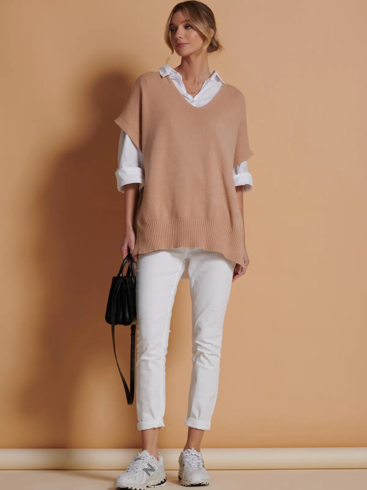 Jolie Moi Knitted Jumpers-Made in Italy Button Side Knitted Tabard, Stone