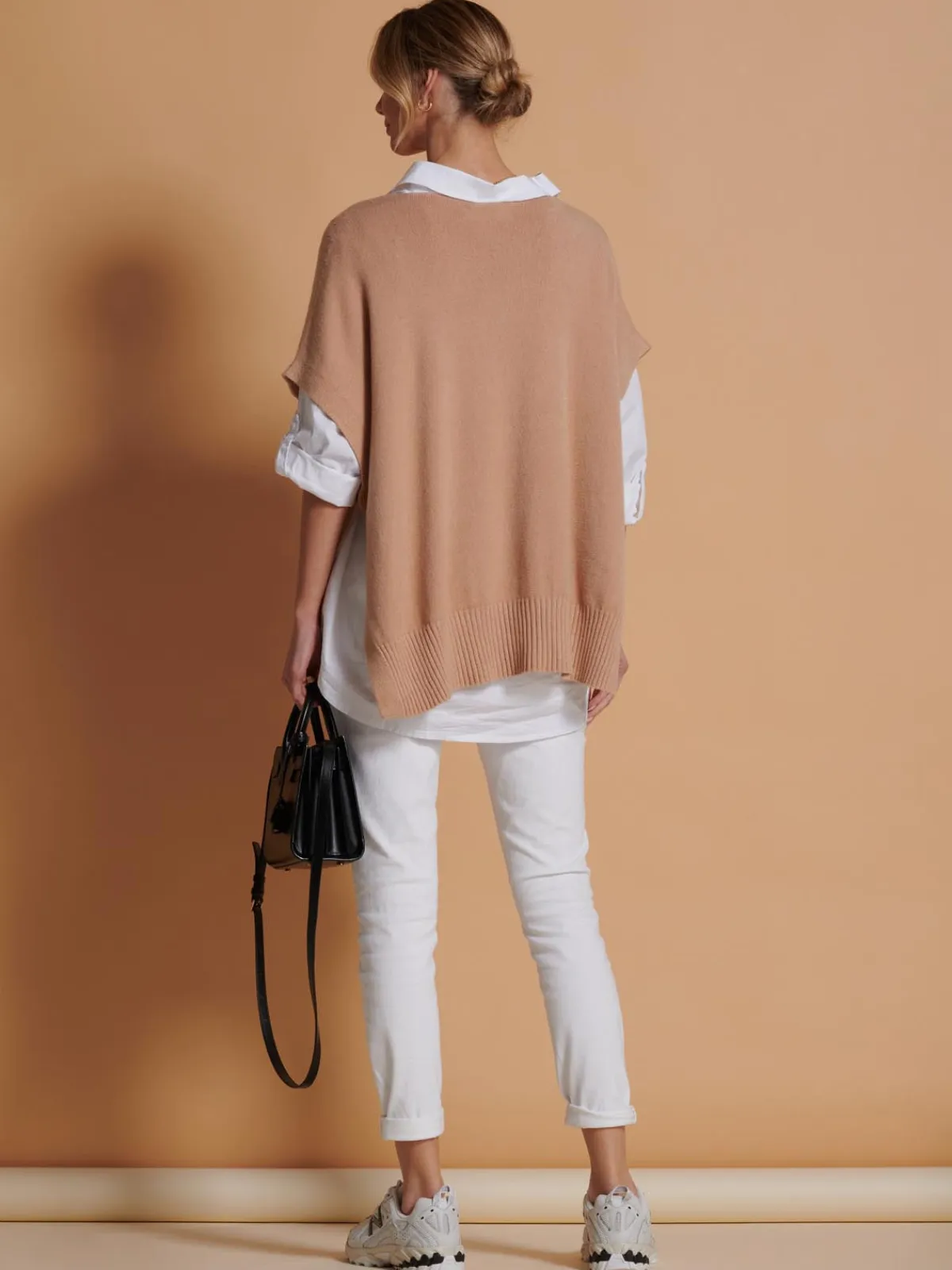 Jolie Moi Knitted Jumpers-Made in Italy Button Side Knitted Tabard, Stone