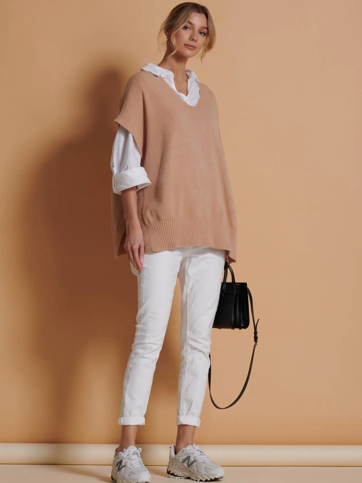 Jolie Moi Knitted Jumpers-Made in Italy Button Side Knitted Tabard, Stone