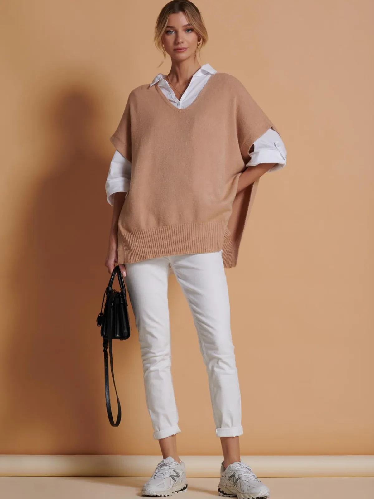 Jolie Moi Knitted Jumpers-Made in Italy Button Side Knitted Tabard, Stone