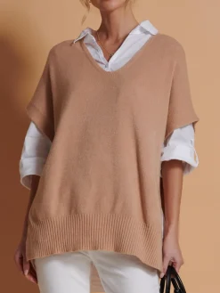 Jolie Moi Knitted Jumpers-Made in Italy Button Side Knitted Tabard, Stone