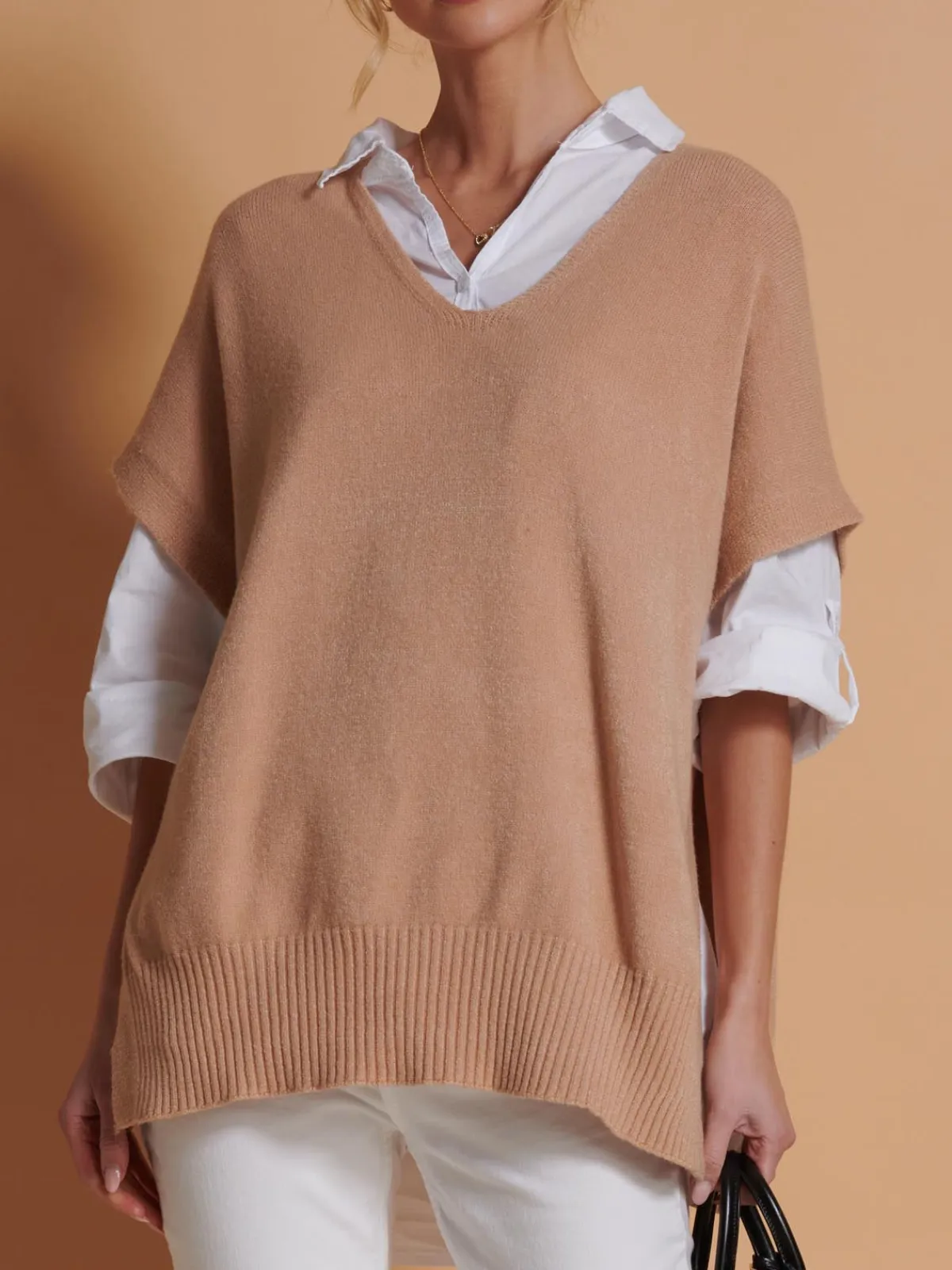 Jolie Moi Knitted Jumpers-Made in Italy Button Side Knitted Tabard, Stone