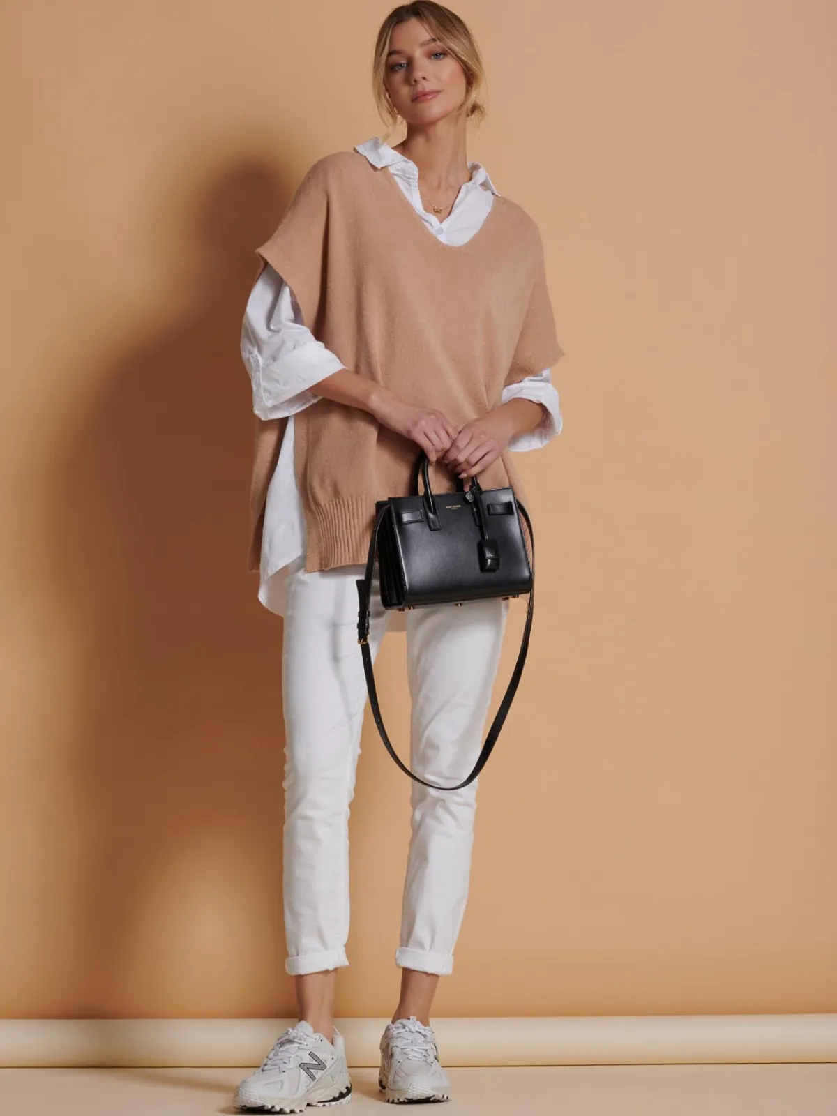 Jolie Moi Knitted Jumpers-Made in Italy Button Side Knitted Tabard, Stone