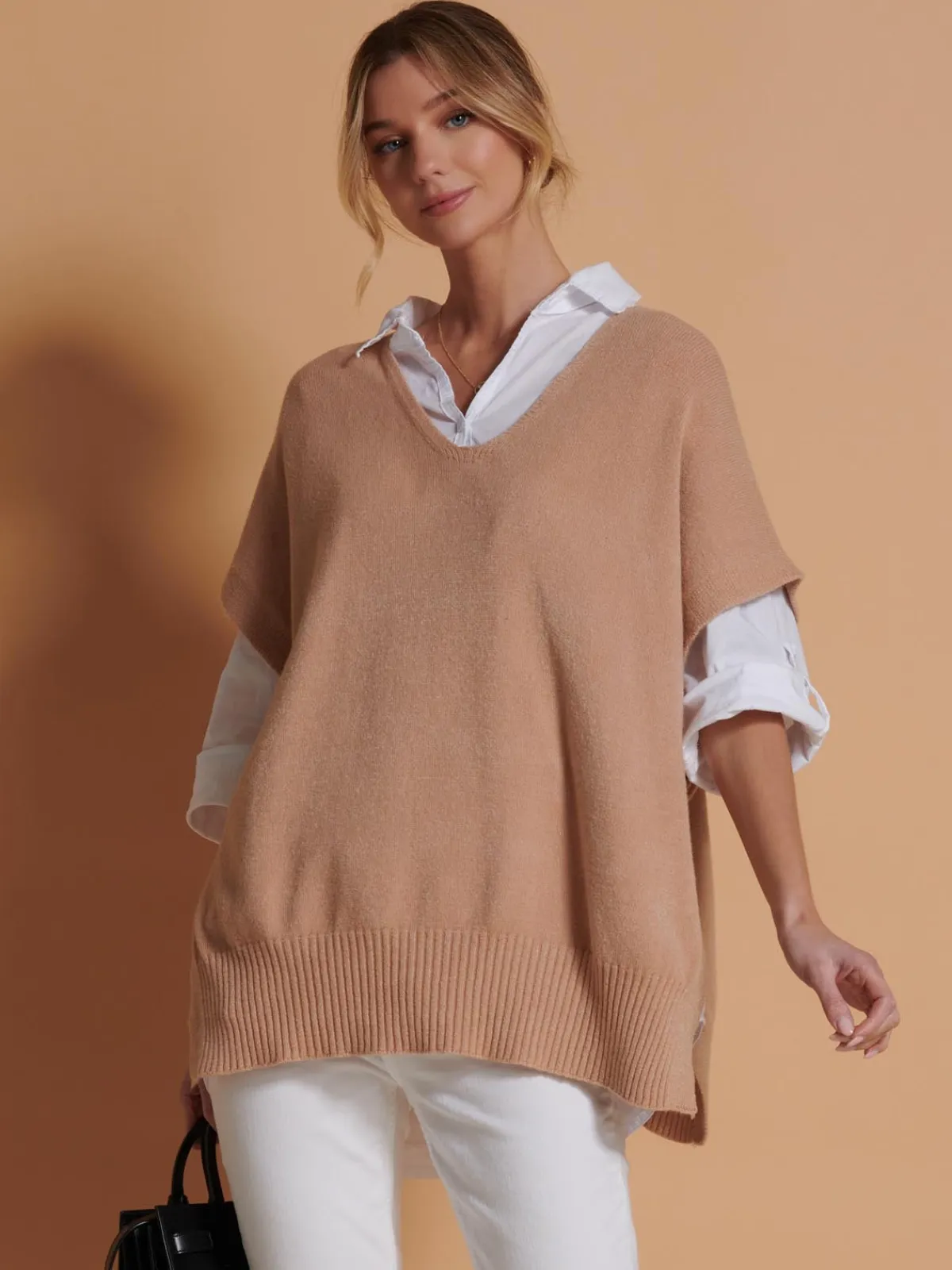 Jolie Moi Knitted Jumpers-Made in Italy Button Side Knitted Tabard, Stone