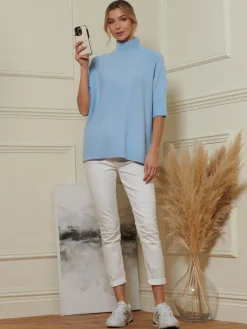 Jolie Moi Knitted Jumpers-Made in Italy High Neck Half Sleeve Jumper, Baby Blue