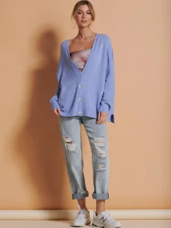 Jolie Moi Knitted Cardigan|Knitted Jumpers-Made in Italy Soft Knit Shell Button Cardigan, Grapemist