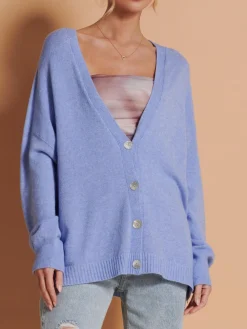 Jolie Moi Knitted Cardigan|Knitted Jumpers-Made in Italy Soft Knit Shell Button Cardigan, Grapemist