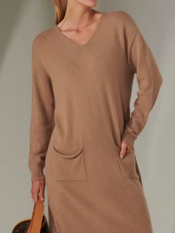 Jolie Moi Made In Italy-Made in Italy V Neck Knitted Jumper Dress, Tan Brown
