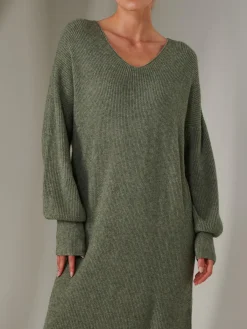 Jolie Moi Made In Italy-Made In Italy V Neck Knitted Jumper Maxi Dress, Khaki Green