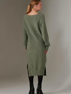 Jolie Moi Made In Italy-Made In Italy V Neck Knitted Jumper Maxi Dress, Khaki Green