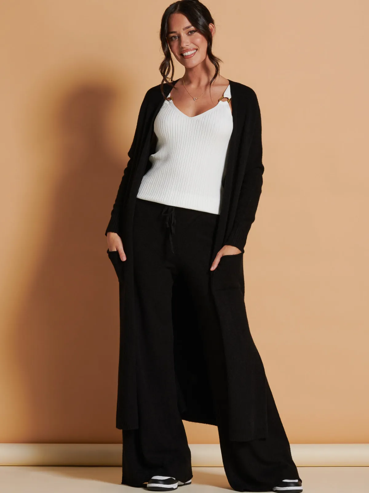 Jolie Moi Co-Ords|Knitted Trousers-Made in Italy Wide Leg Soft Knit Trousers, Black