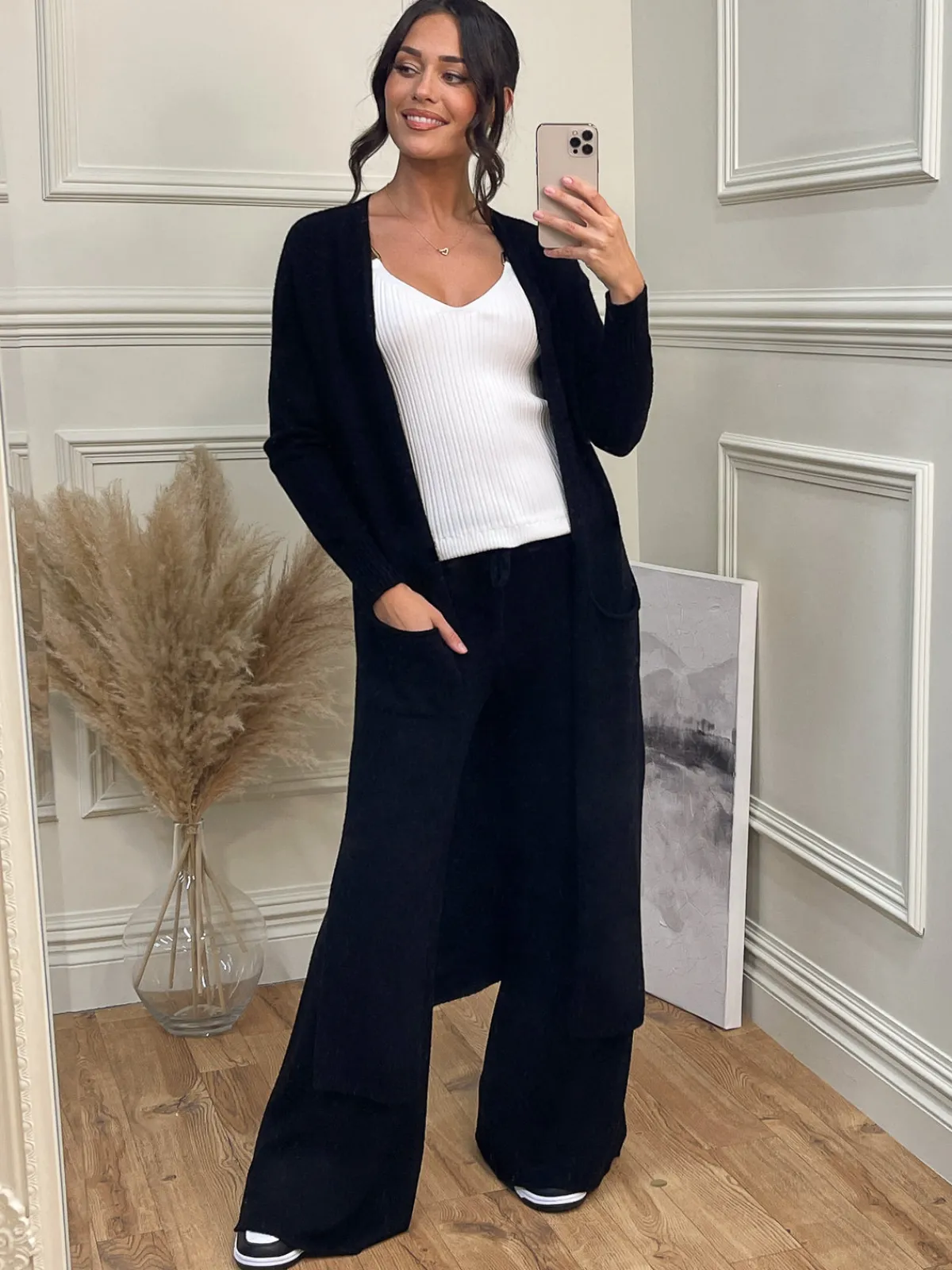 Jolie Moi Co-Ords|Knitted Trousers-Made in Italy Wide Leg Soft Knit Trousers, Black