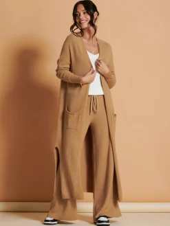 Jolie Moi Co-Ords|Knitted Trousers-Made in Italy Wide Leg Soft Knit Trousers, Camel