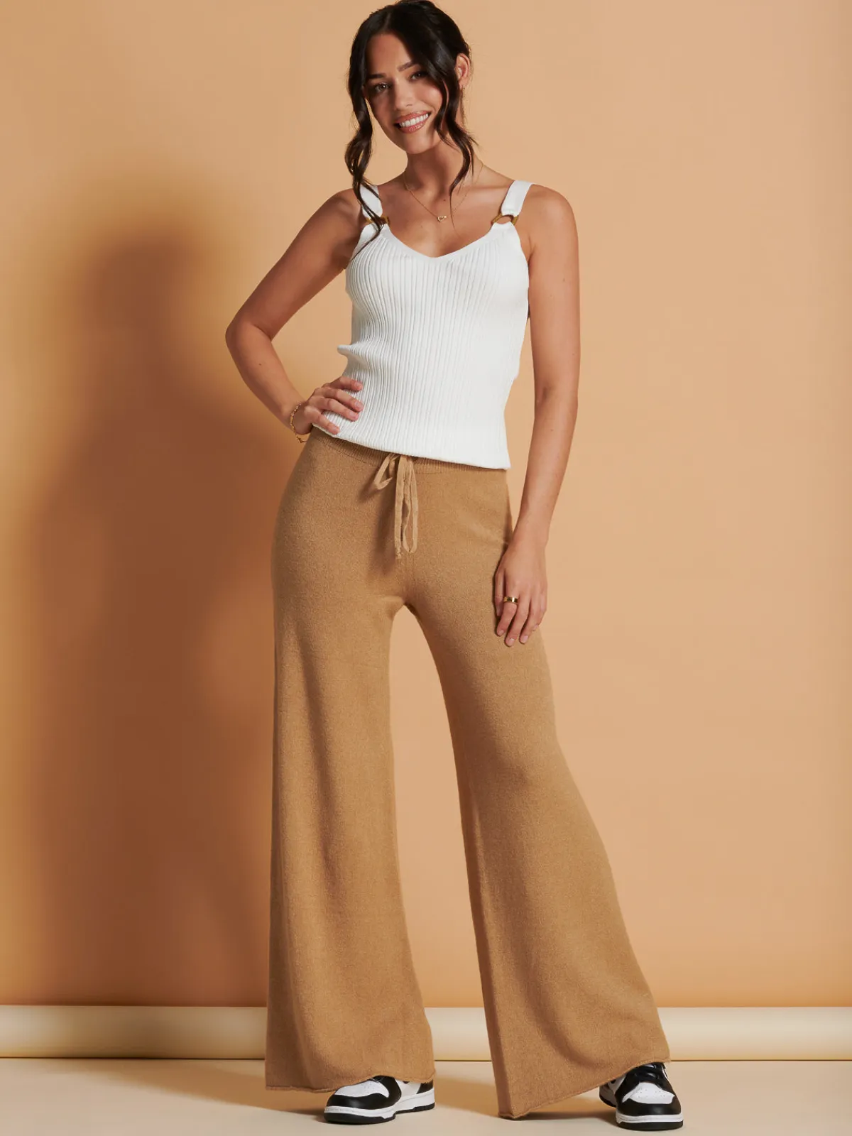 Jolie Moi Co-Ords|Knitted Trousers-Made in Italy Wide Leg Soft Knit Trousers, Camel