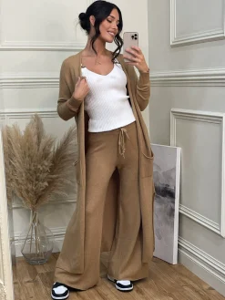 Jolie Moi Co-Ords|Knitted Trousers-Made in Italy Wide Leg Soft Knit Trousers, Camel