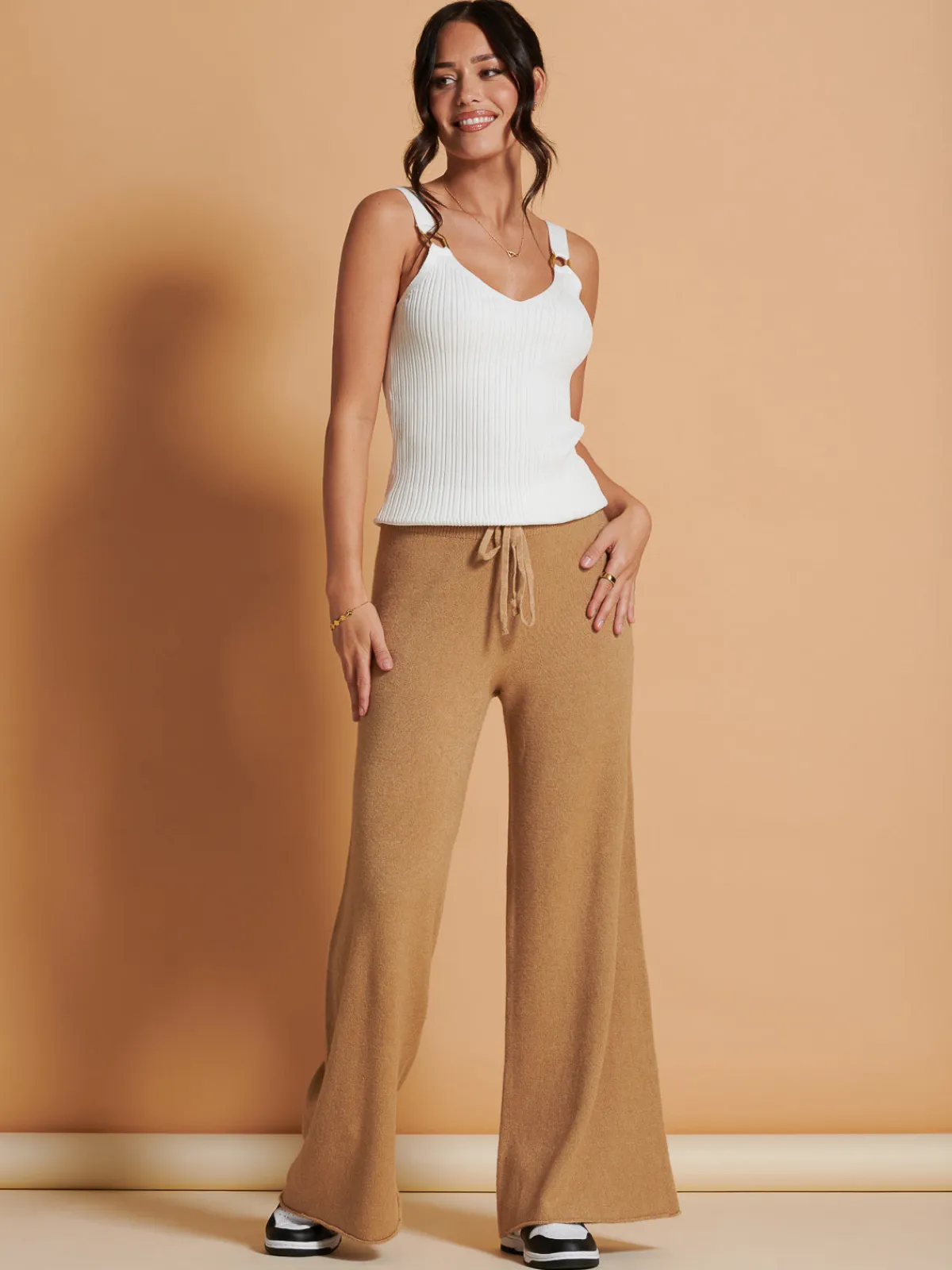Jolie Moi Co-Ords|Knitted Trousers-Made in Italy Wide Leg Soft Knit Trousers, Camel