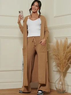Jolie Moi Co-Ords|Knitted Trousers-Made in Italy Wide Leg Soft Knit Trousers, Camel