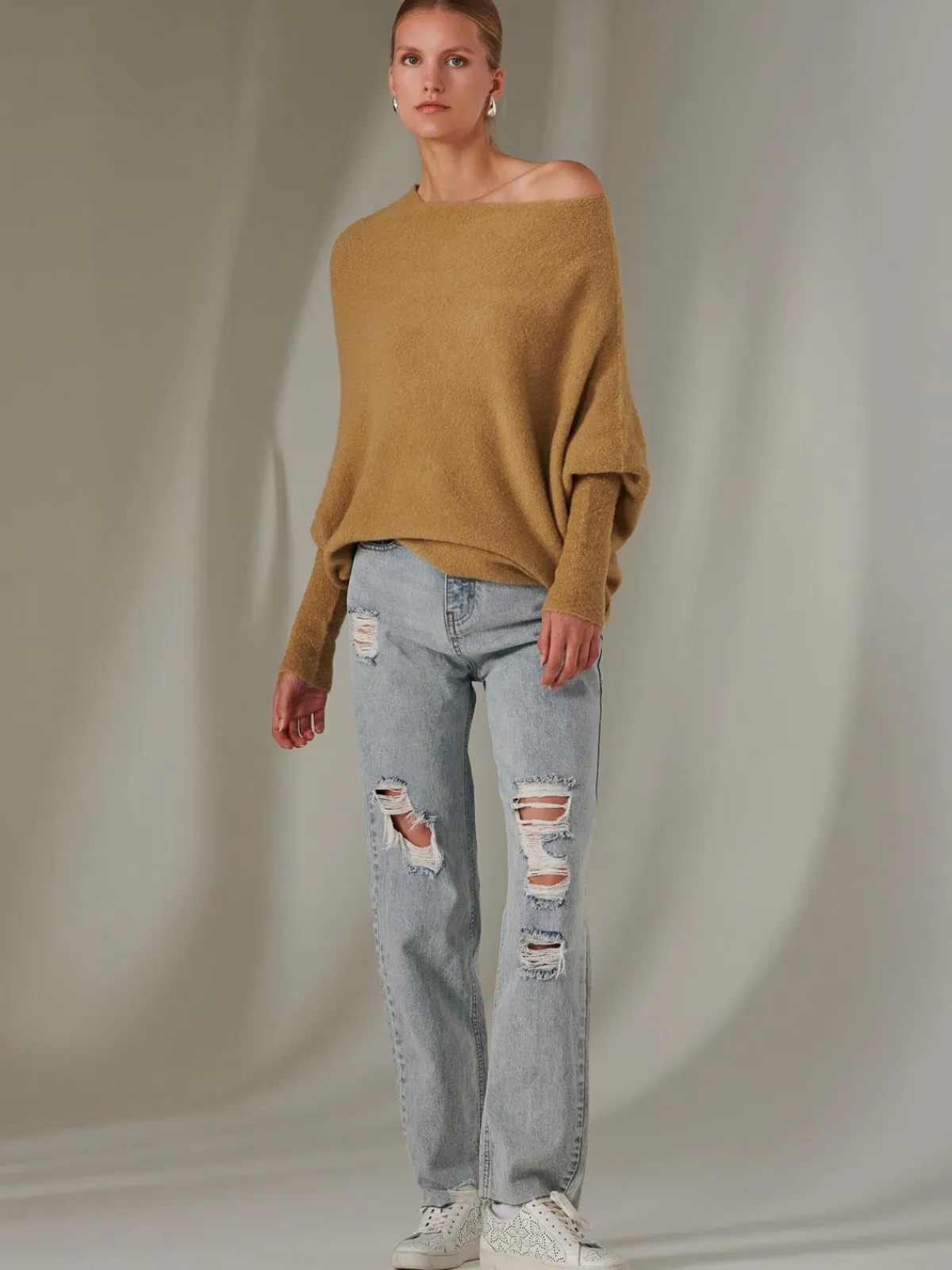Jolie Moi Knitted Jumpers-Made in Italy Wool Blend Asymmetric Knit Jumper, Almond