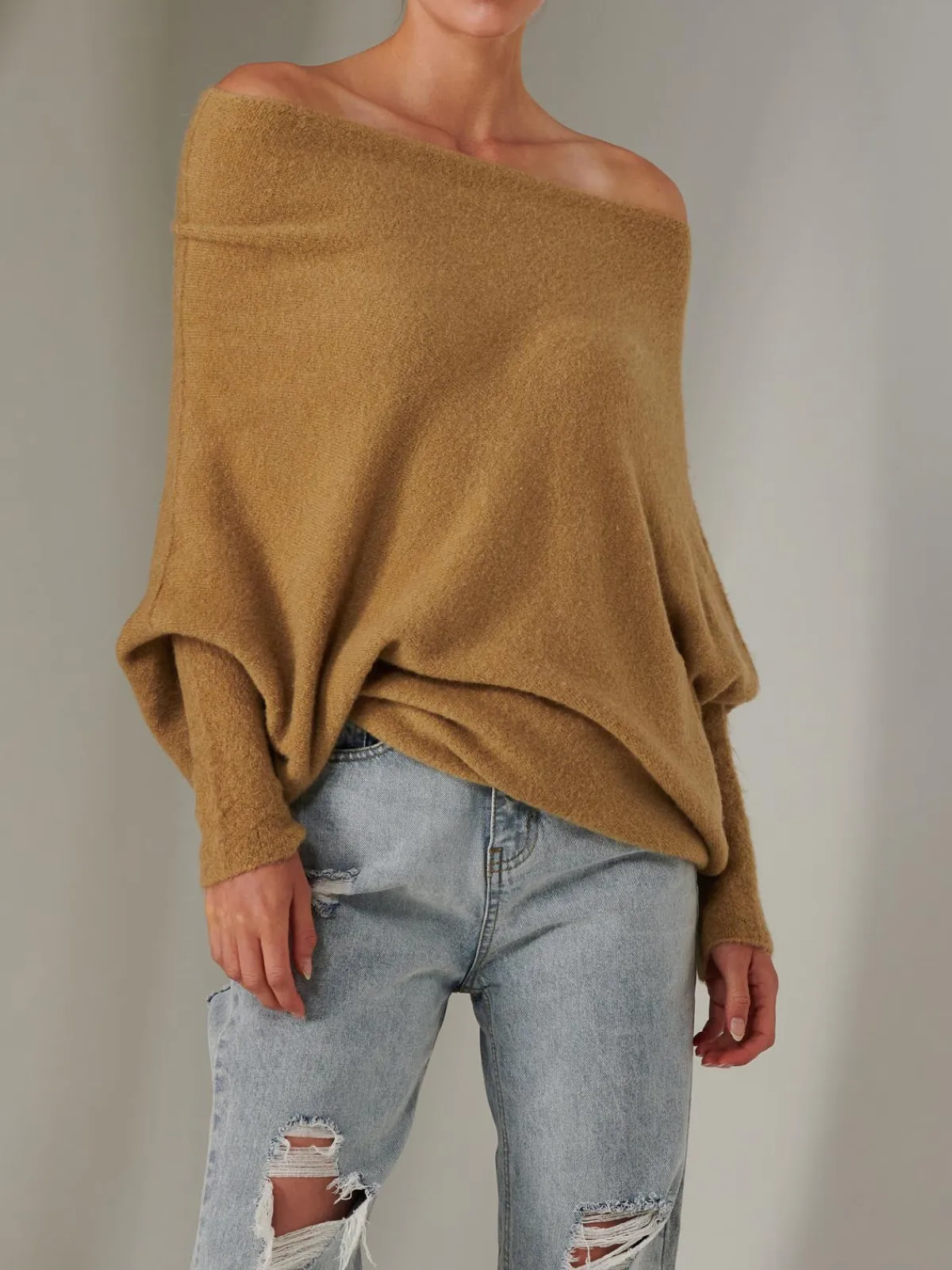 Jolie Moi Knitted Jumpers-Made in Italy Wool Blend Asymmetric Knit Jumper, Almond