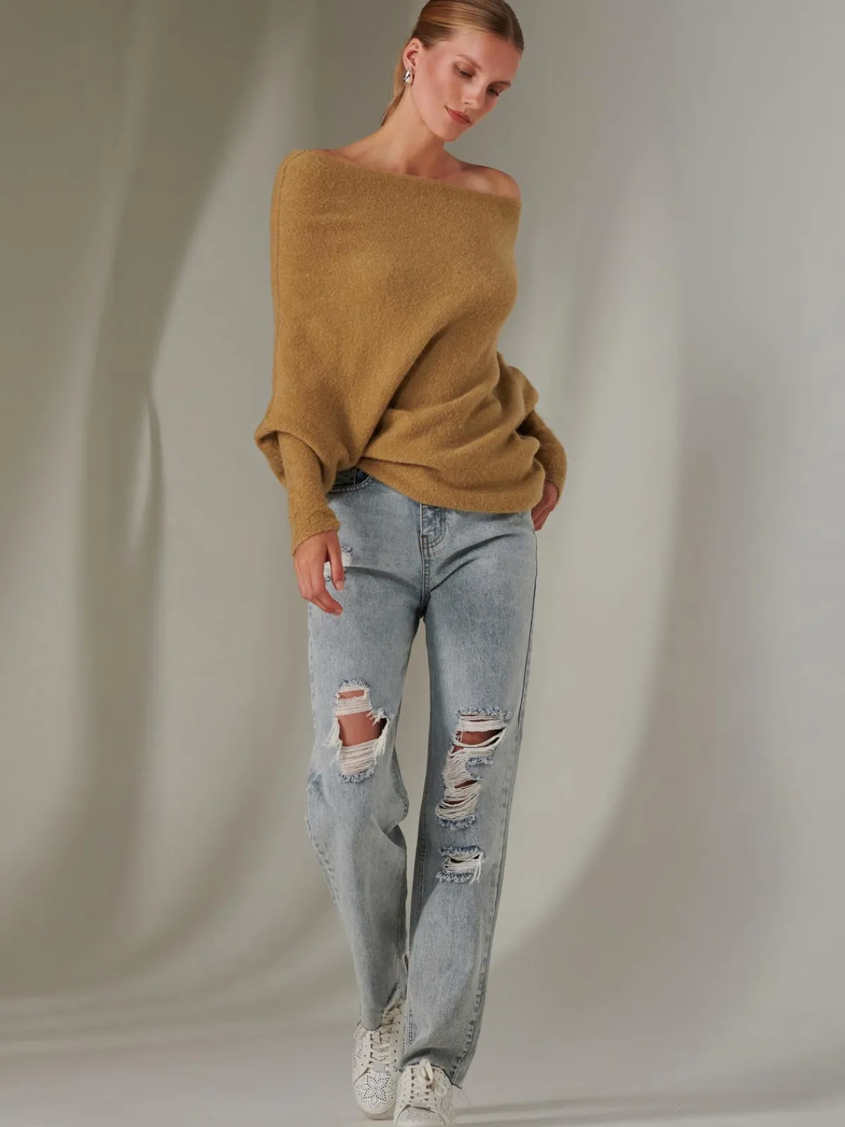 Jolie Moi Knitted Jumpers-Made in Italy Wool Blend Asymmetric Knit Jumper, Almond
