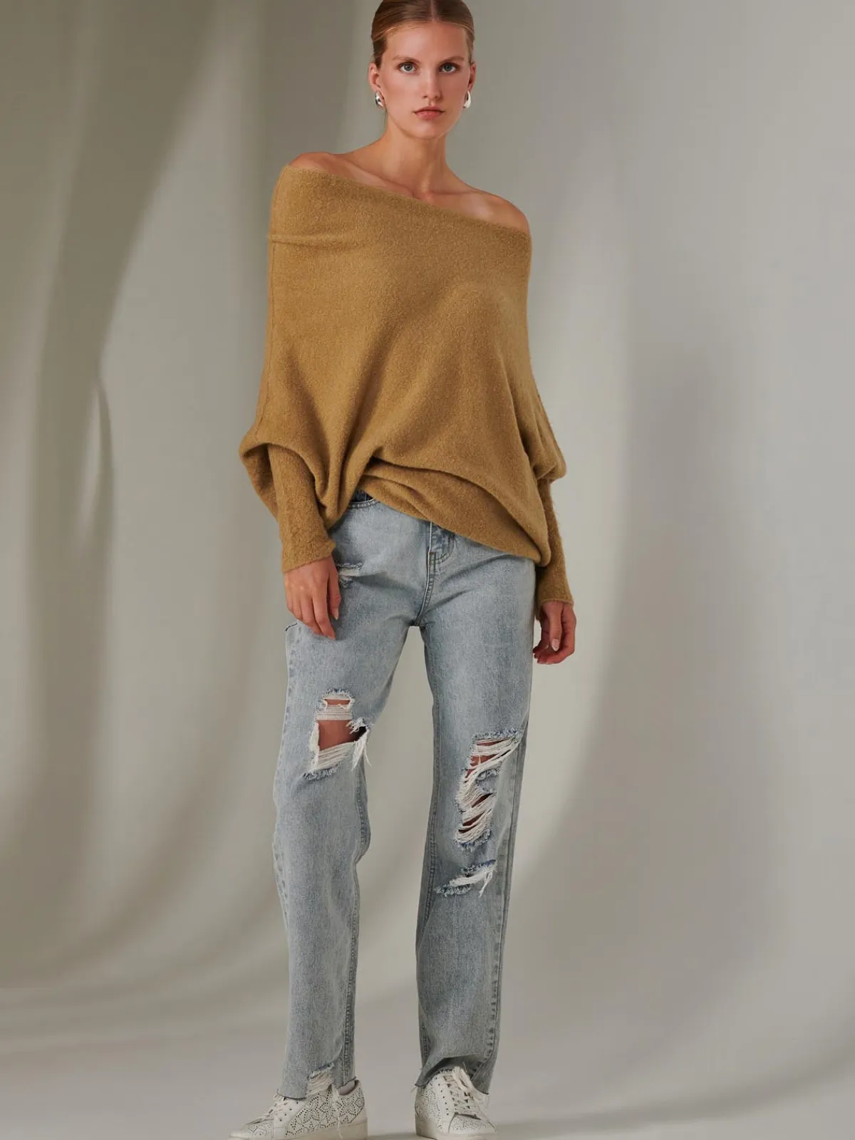 Jolie Moi Knitted Jumpers-Made in Italy Wool Blend Asymmetric Knit Jumper, Almond
