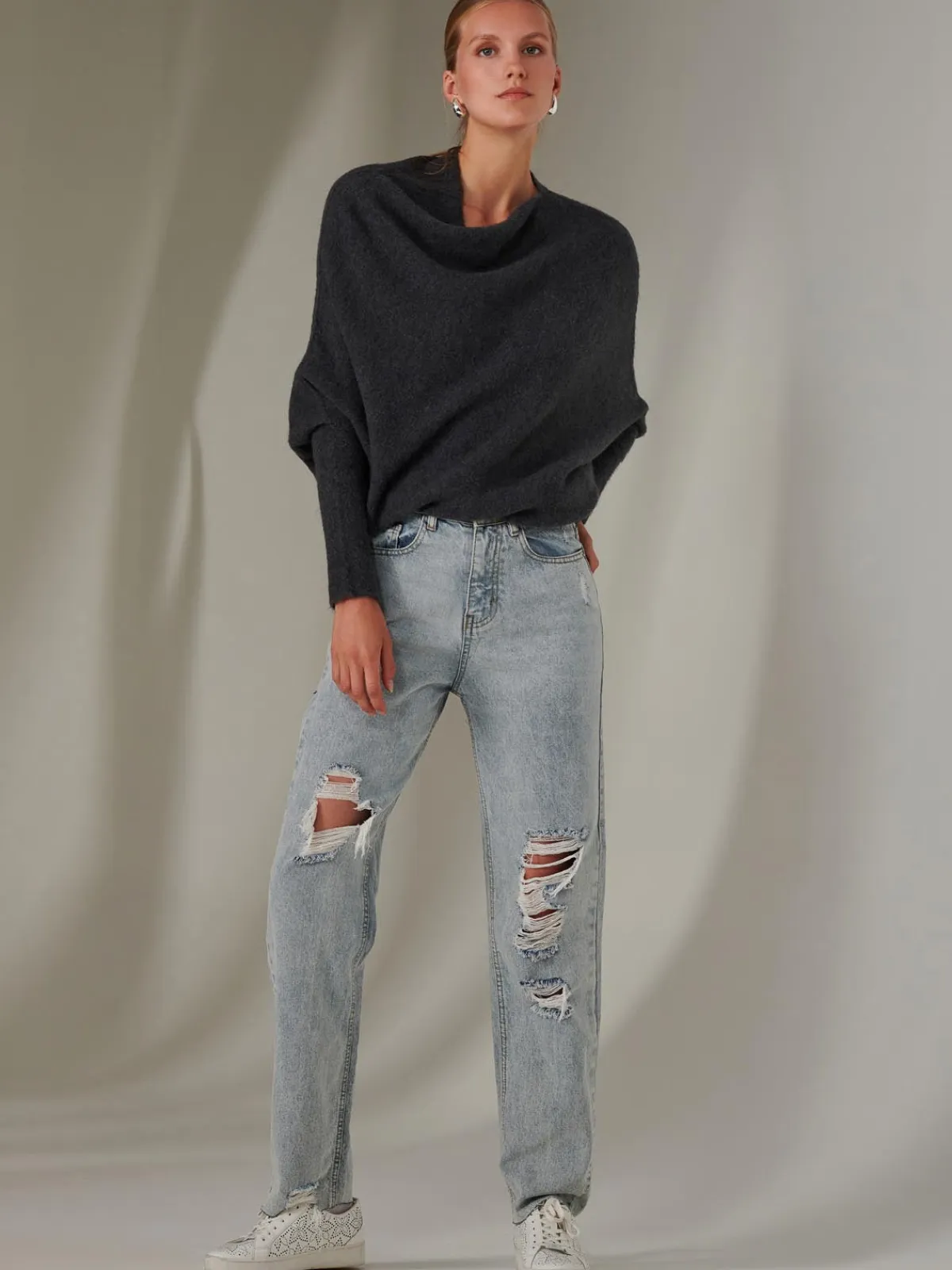 Jolie Moi Knitted Jumpers-Made in Italy Wool Blend Asymmetric Knit Jumper, Antra
