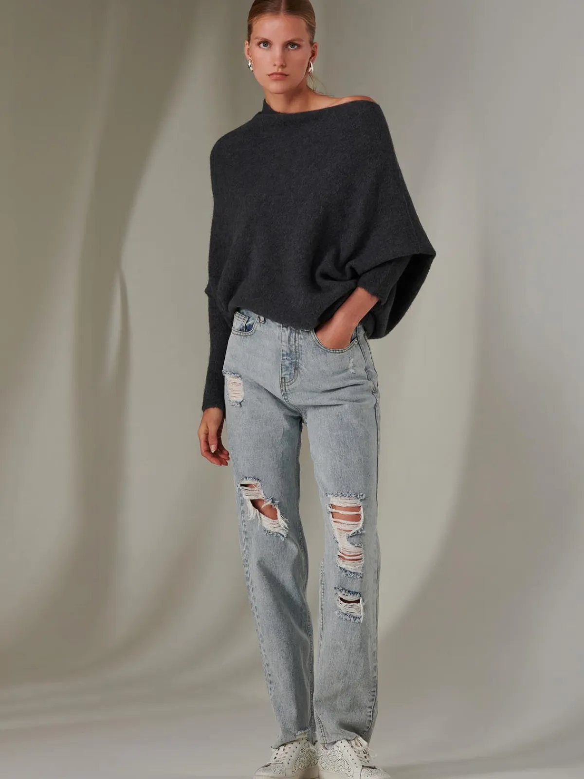 Jolie Moi Knitted Jumpers-Made in Italy Wool Blend Asymmetric Knit Jumper, Antra