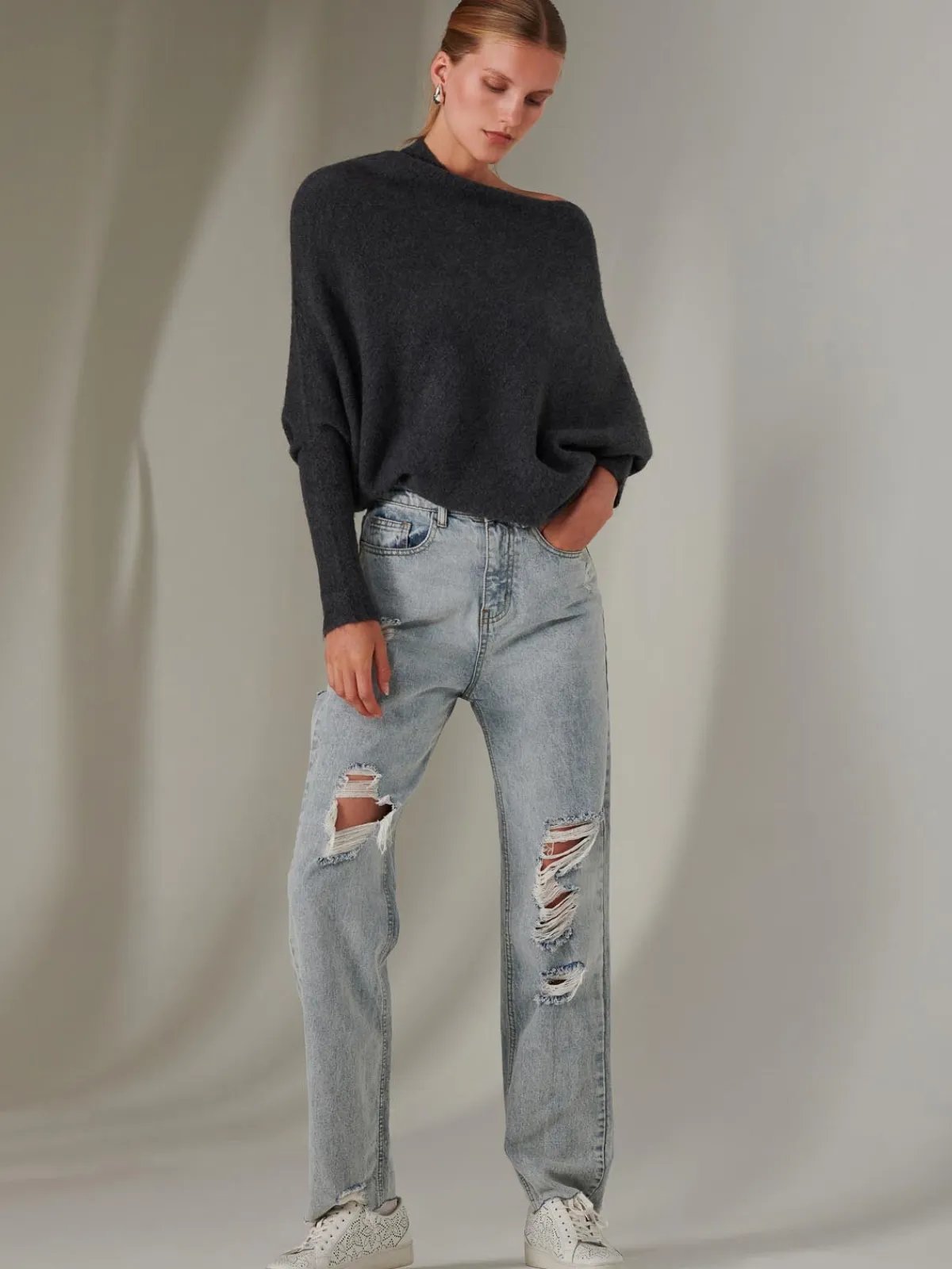 Jolie Moi Knitted Jumpers-Made in Italy Wool Blend Asymmetric Knit Jumper, Antra