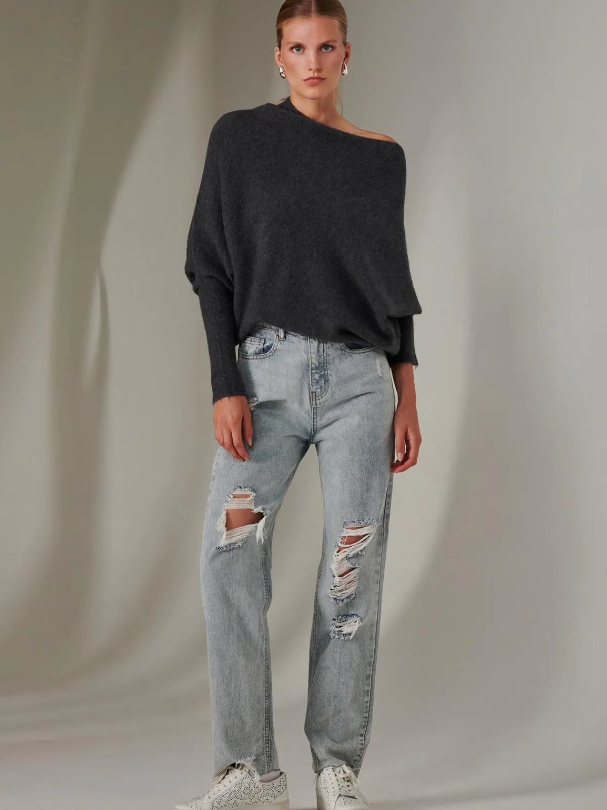 Jolie Moi Knitted Jumpers-Made in Italy Wool Blend Asymmetric Knit Jumper, Antra