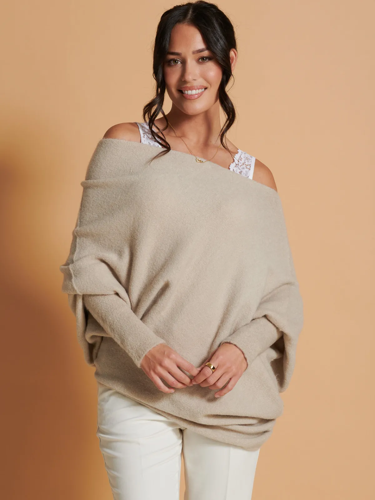 Jolie Moi Knitted Jumpers-Made in Italy Wool Blend Asymmetric Knit Jumper, Beige