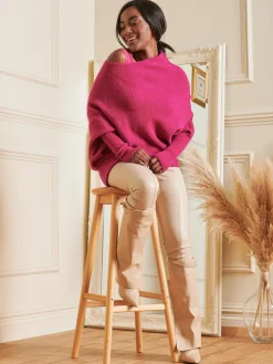 Jolie Moi Knitted Jumpers-Made in Italy Wool Blend Asymmetric Knit Jumper, Fuschia