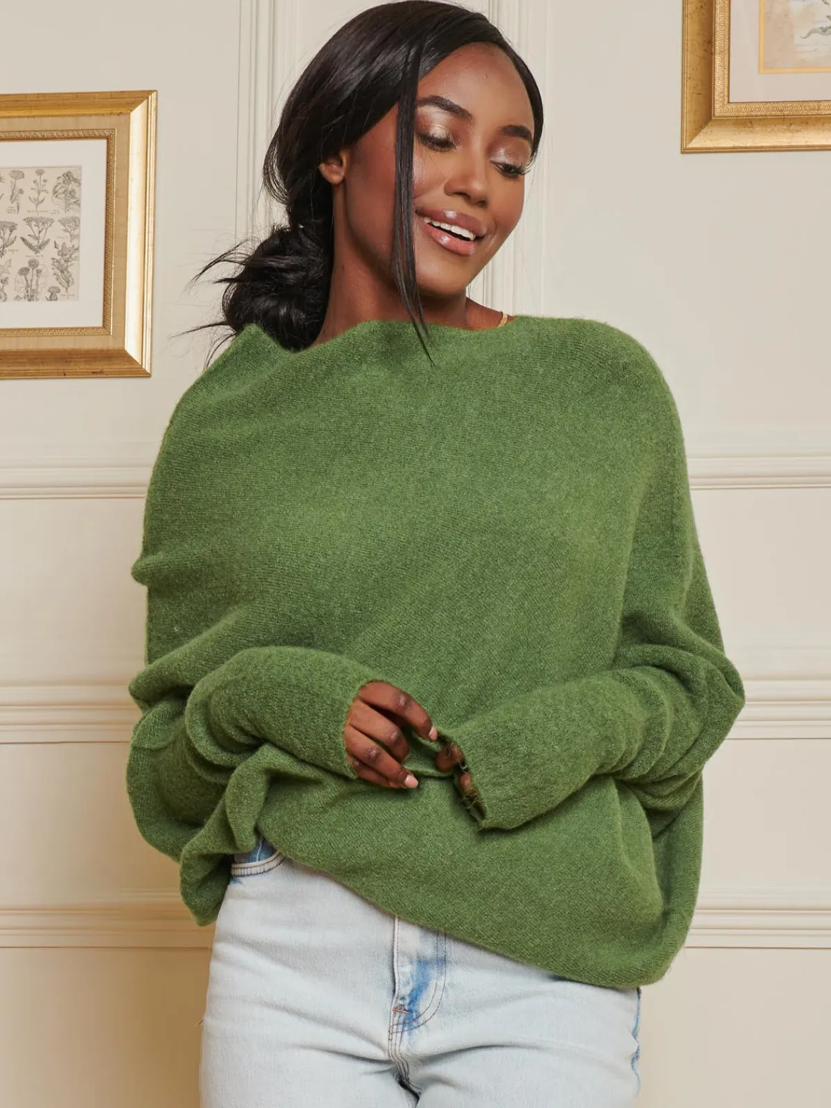 Jolie Moi Knitted Jumpers-Made in Italy Wool Blend Asymmetric Knit Jumper, Olive Green