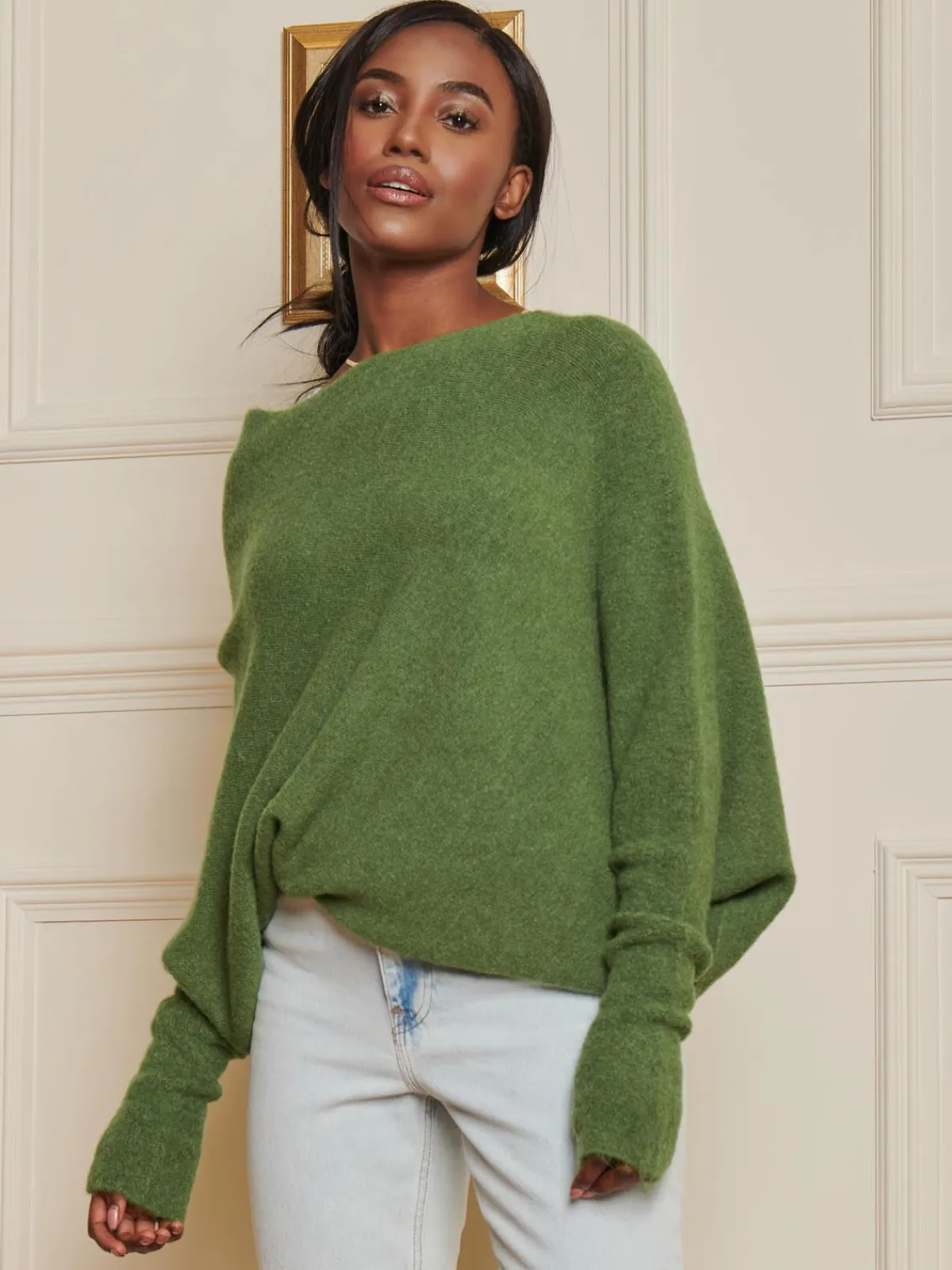 Jolie Moi Knitted Jumpers-Made in Italy Wool Blend Asymmetric Knit Jumper, Olive Green