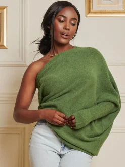 Jolie Moi Knitted Jumpers-Made in Italy Wool Blend Asymmetric Knit Jumper, Olive Green