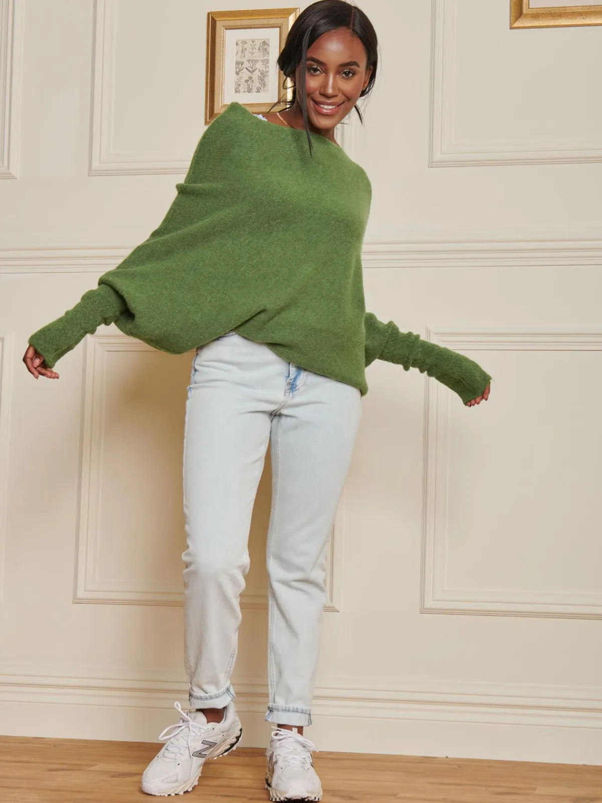 Jolie Moi Knitted Jumpers-Made in Italy Wool Blend Asymmetric Knit Jumper, Olive Green