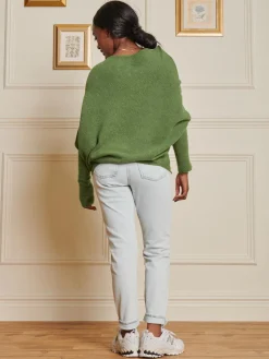 Jolie Moi Knitted Jumpers-Made in Italy Wool Blend Asymmetric Knit Jumper, Olive Green