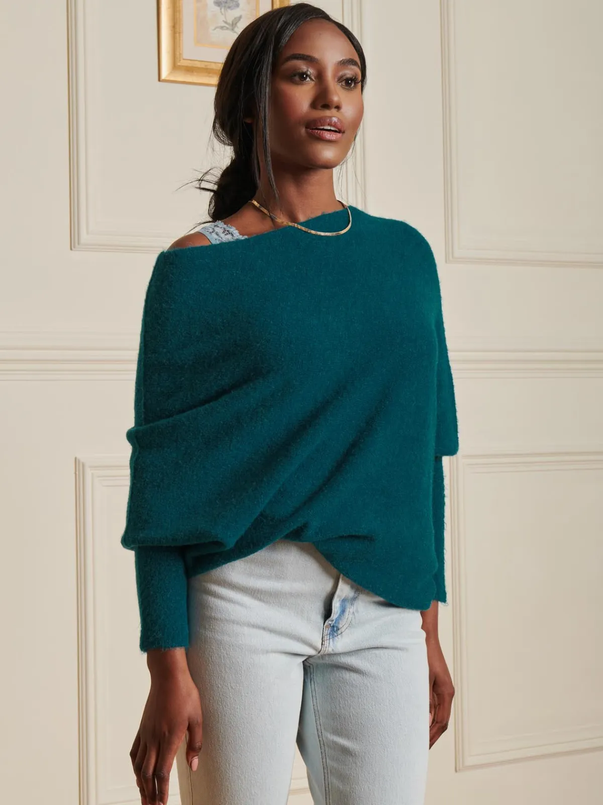 Jolie Moi Knitted Jumpers-Made in Italy Wool Blend Asymmetric Knit Jumper, Peacock Blue