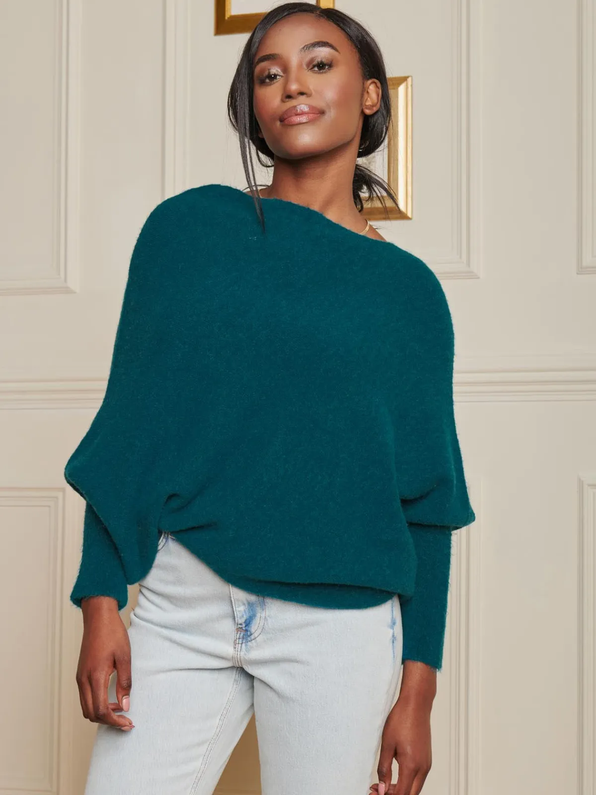 Jolie Moi Knitted Jumpers-Made in Italy Wool Blend Asymmetric Knit Jumper, Peacock Blue