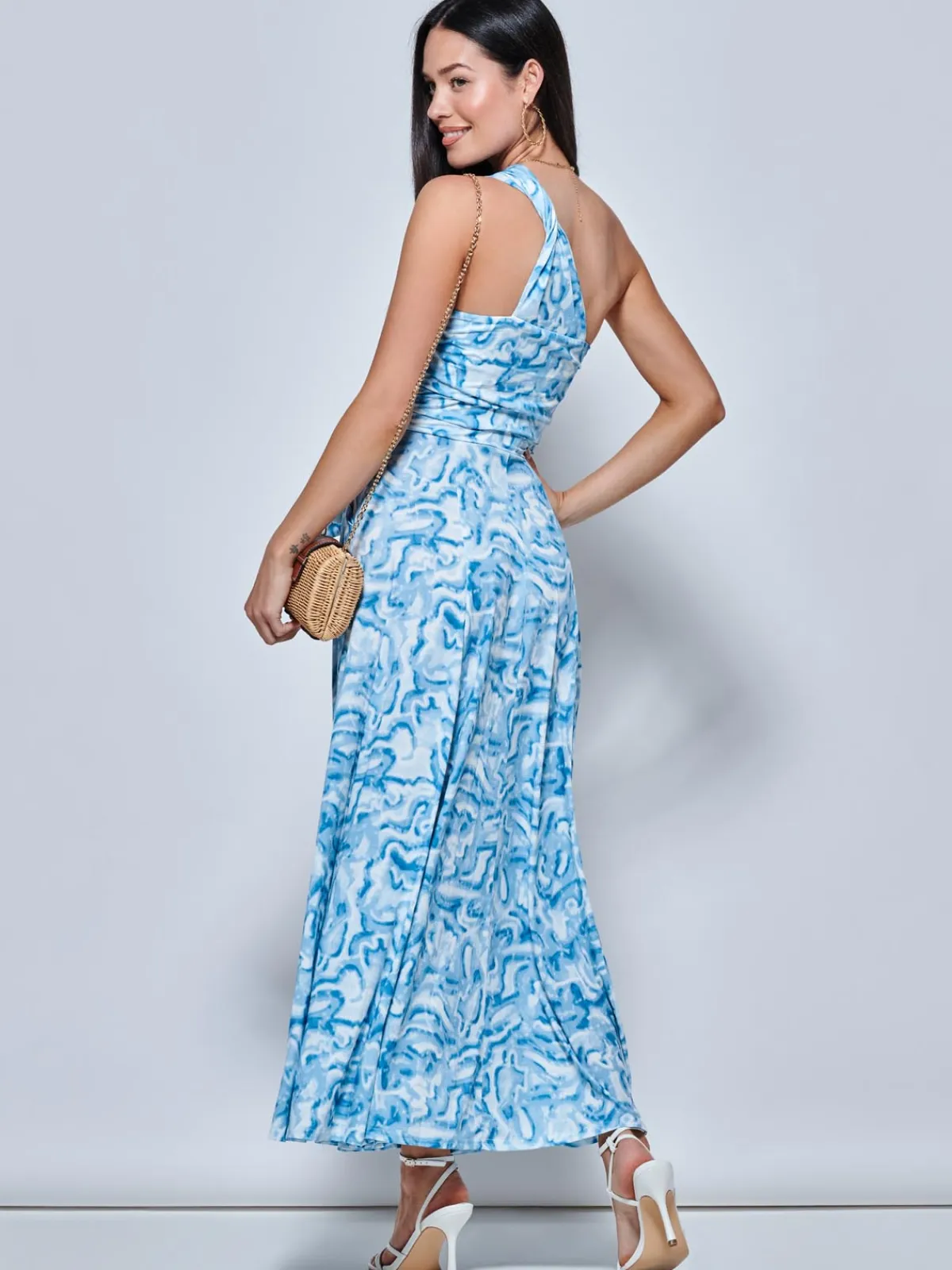 Jolie Moi Occasion Dresses|Sleeveless Dresses-Marble Print One Shoulder Maxi Dress, Blue Multi