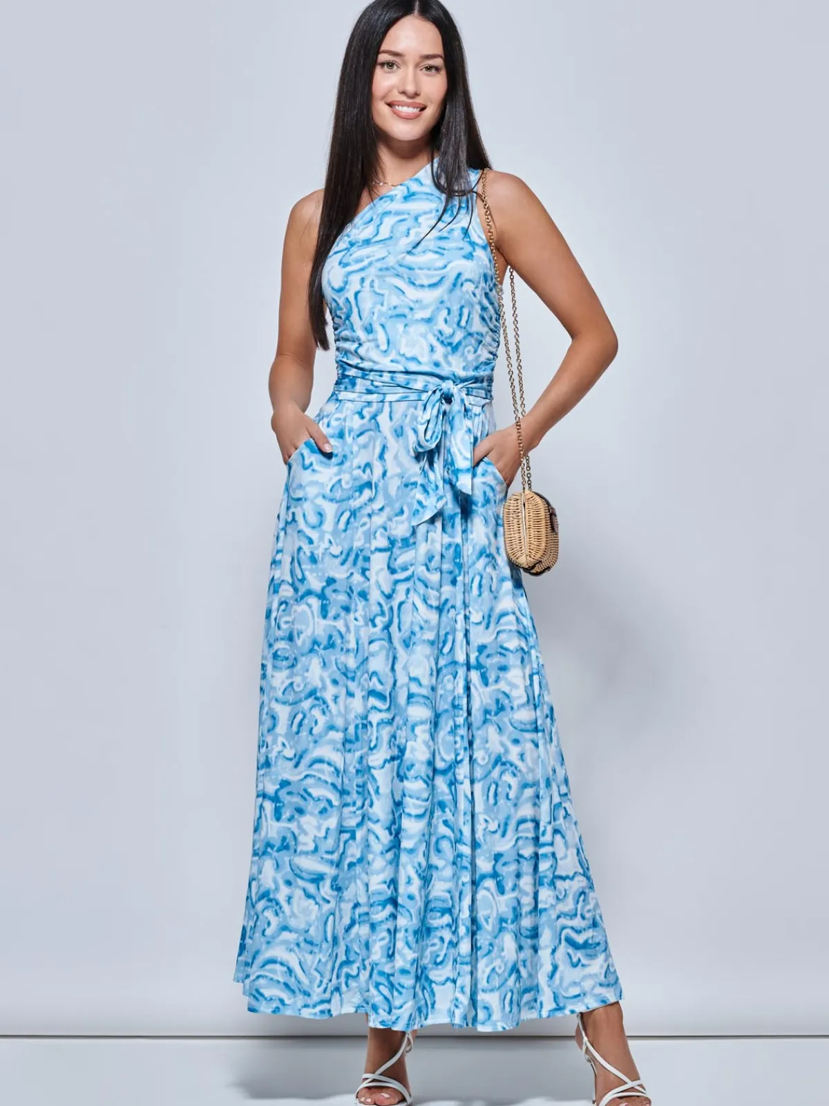 Jolie Moi Occasion Dresses|Sleeveless Dresses-Marble Print One Shoulder Maxi Dress, Blue Multi