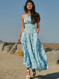 Jolie Moi Occasion Dresses|Sleeveless Dresses-Marble Print One Shoulder Maxi Dress, Blue Multi