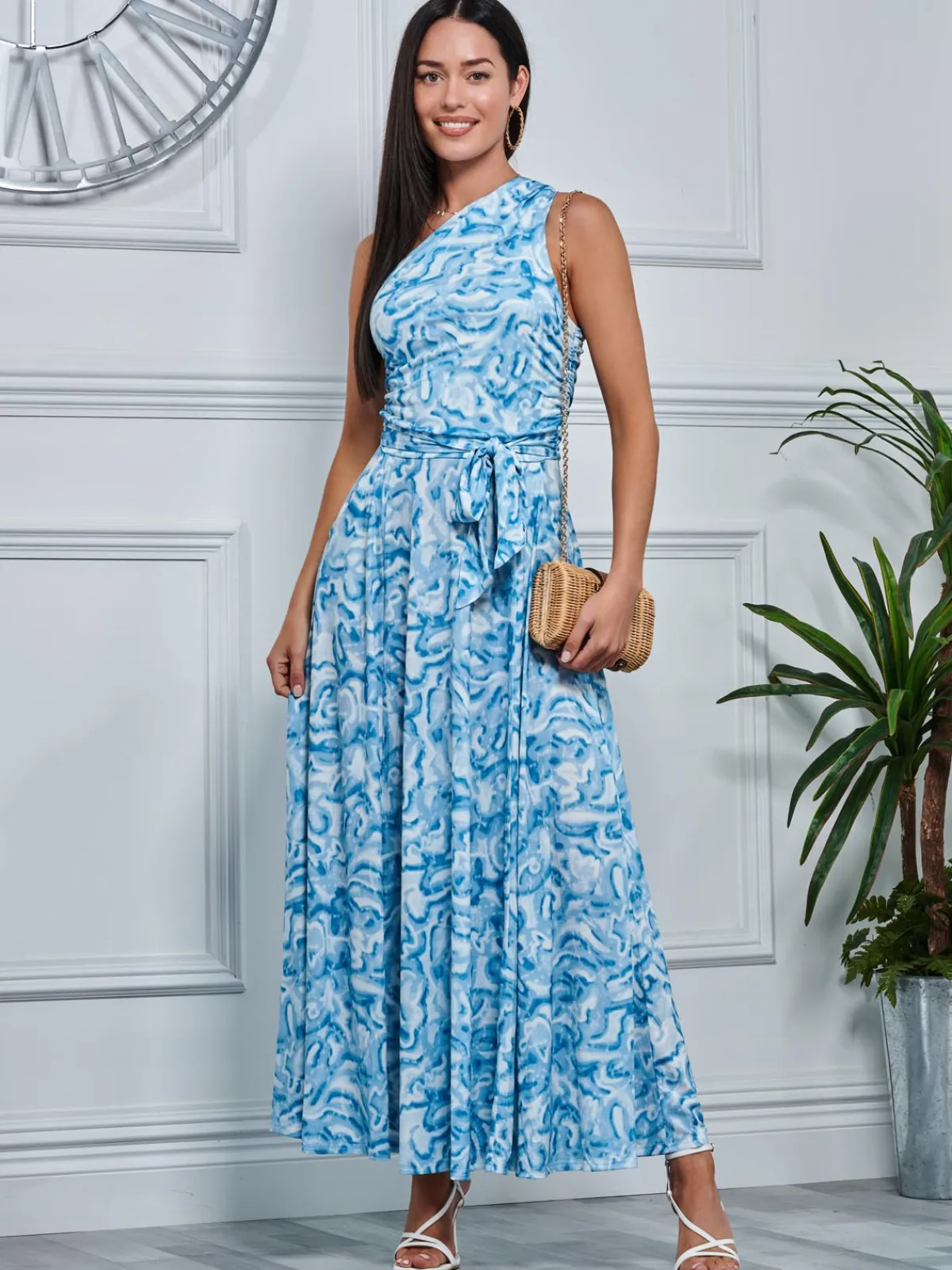 Jolie Moi Occasion Dresses|Sleeveless Dresses-Marble Print One Shoulder Maxi Dress, Blue Multi