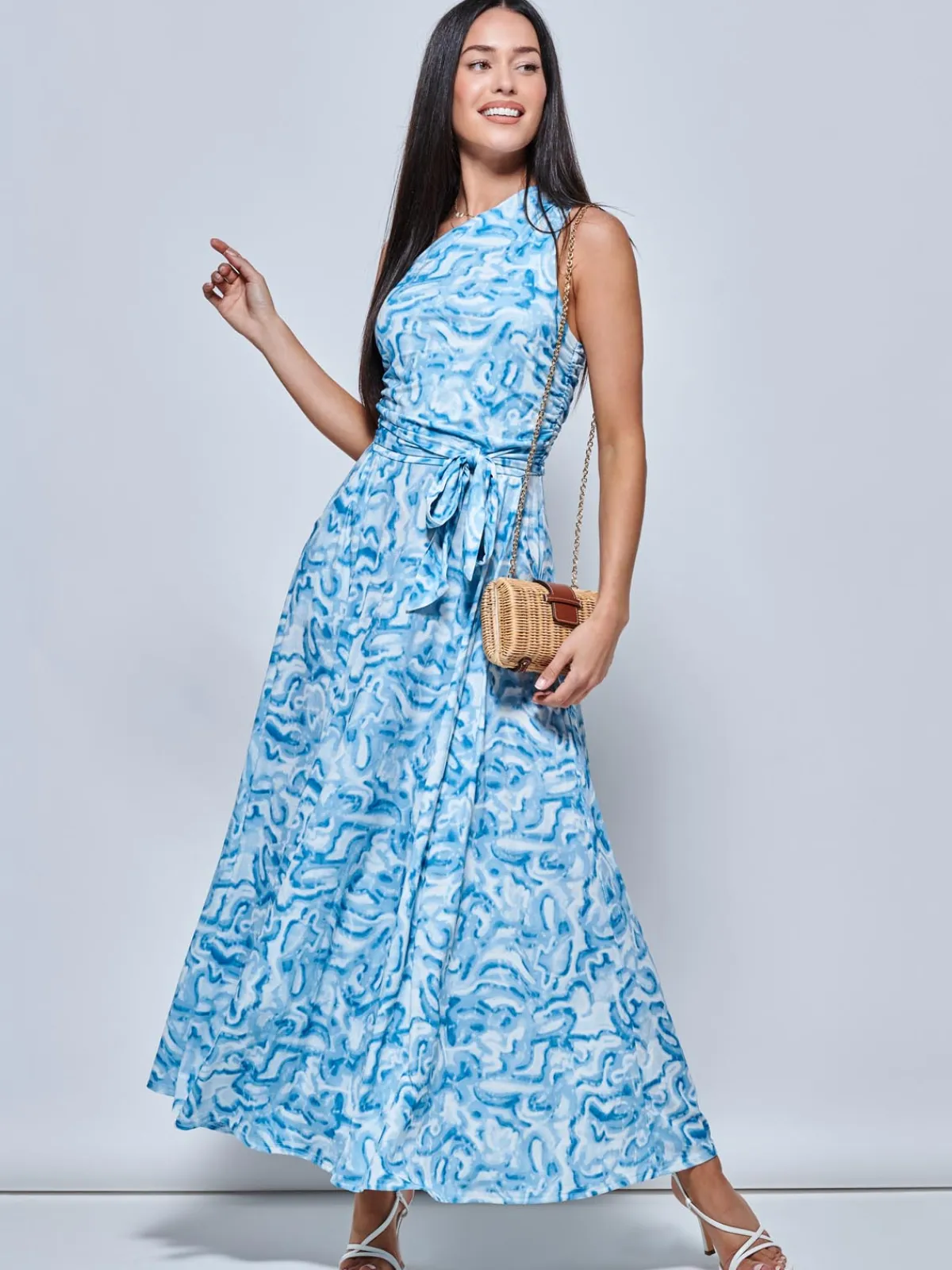 Jolie Moi Occasion Dresses|Sleeveless Dresses-Marble Print One Shoulder Maxi Dress, Blue Multi