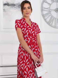 Jolie Moi Occasion Dresses|Jersey Dresses-Marbouka Stand Collar Maxi Dress, Red Leafy