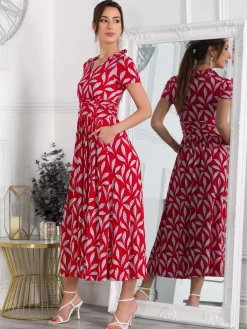 Jolie Moi Occasion Dresses|Jersey Dresses-Marbouka Stand Collar Maxi Dress, Red Leafy